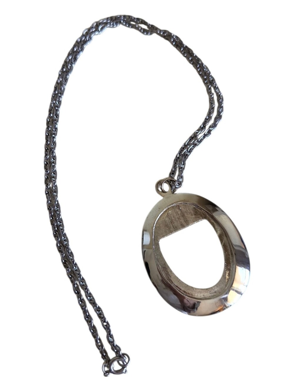 vintage modernist open oval donut pendant necklace silver tone textured rope 26"